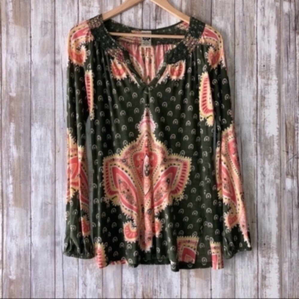 Lucky Brand Olive Green Paisley Boho Peasant Blouse 100% Cotton Small